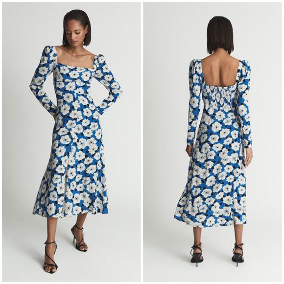 NEW Reiss Miller Floral Print Square Neck Midi Dress Blue White - Picture 1 of 12